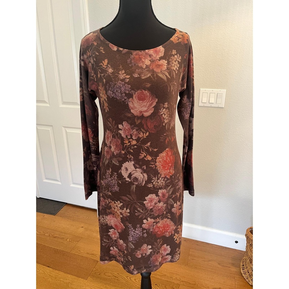 Muted Floral Knit Mini Dress Warm Tone Long Sleeve Scoop Neck Vintage XS - Picture 10 of 13